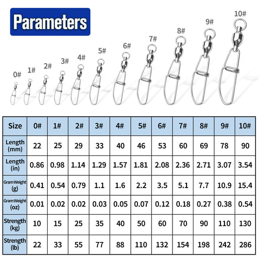 PROBEROS Stainless Steel Bearing Swivel with Double Snap 0#-10# Big Game Fishing Connector 10Pcs 