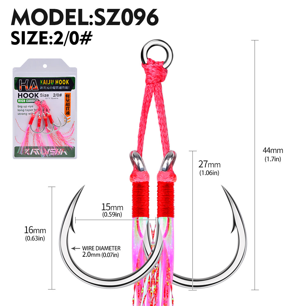 PROBEROS 5PCS 2pair/lot 1/0-5/0 Jigging Assist Hook Fly Fishing Hook Barbed Double Sharp Hooks With Thread Feather Sea Fishhook Fishing Tackle