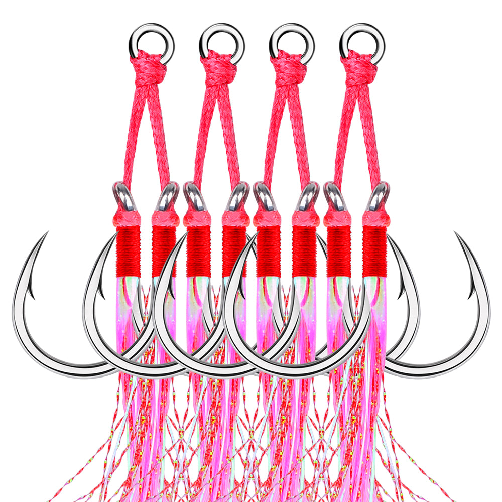 PROBEROS 5PCS 2pair/lot 1/0-5/0 Jigging Assist Hook Fly Fishing Hook Barbed Double Sharp Hooks With Thread Feather Sea Fishhook Fishing Tackle