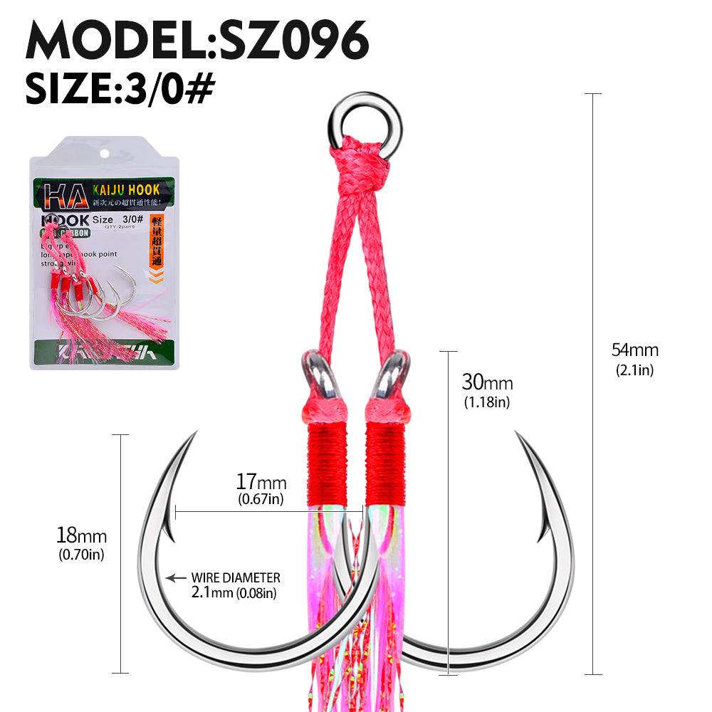 PROBEROS 5PCS 2pair/lot 1/0-5/0 Jigging Assist Hook Fly Fishing Hook Barbed Double Sharp Hooks With Thread Feather Sea Fishhook Fishing Tackle