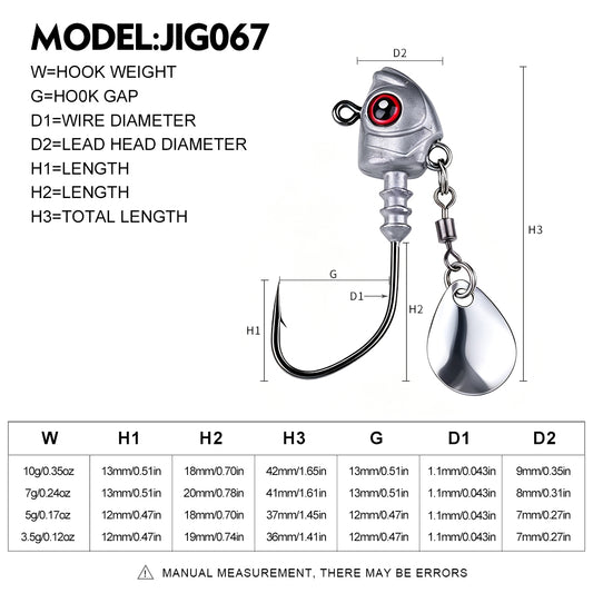 Size and weight spec chart for 3.5g 5g 7g 10g fishing jig head hooks