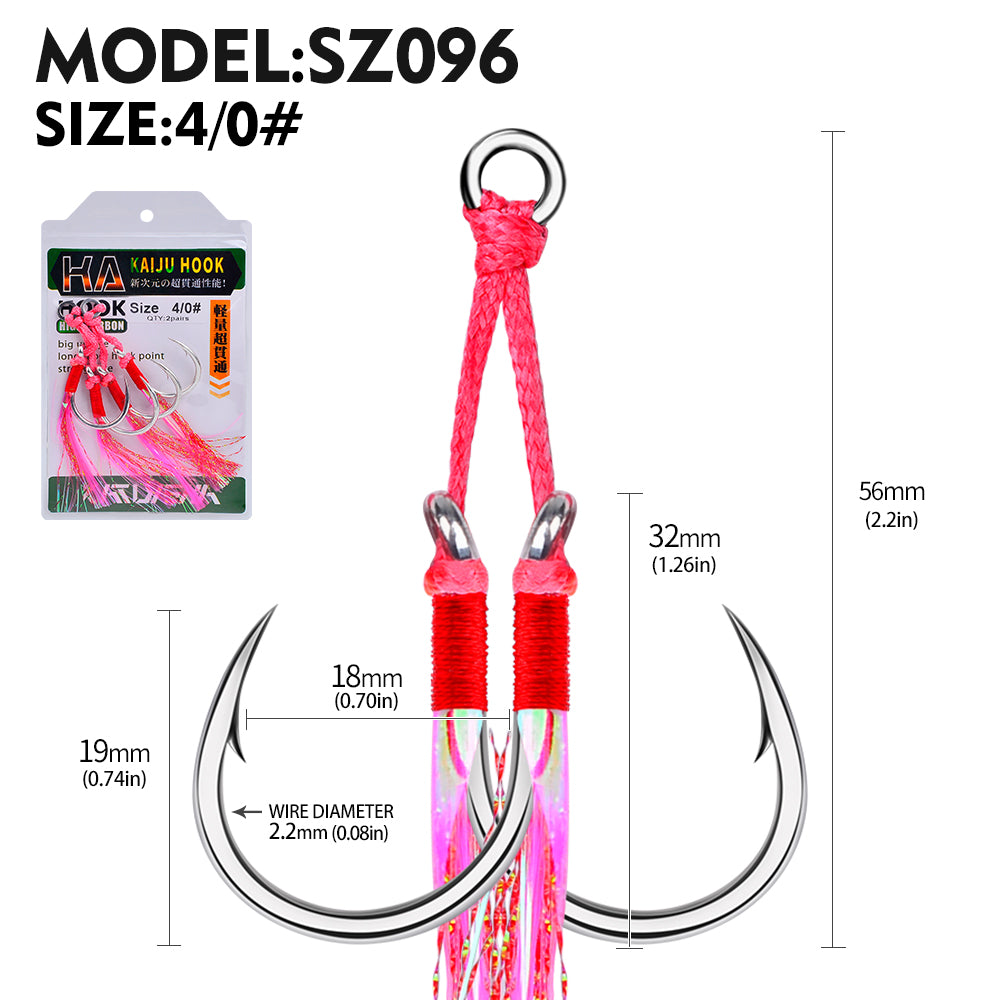 PROBEROS 5PCS 2pair/lot 1/0-5/0 Jigging Assist Hook Fly Fishing Hook Barbed Double Sharp Hooks With Thread Feather Sea Fishhook Fishing Tackle