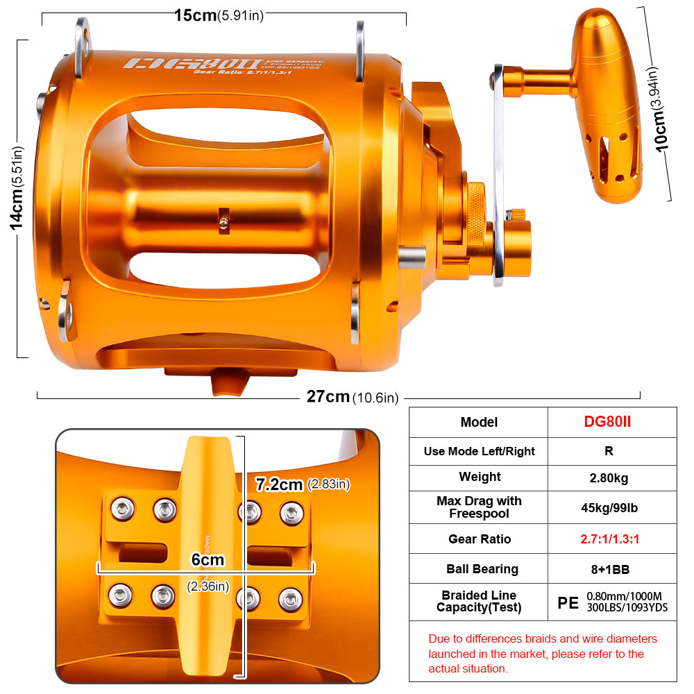 PROBEROS® Jigging Reels DG30/50/80 Fishing Reel Boat Two Speed Aluminum CNC Machined 45KG Max Drag Sea Boat Trolling Reel