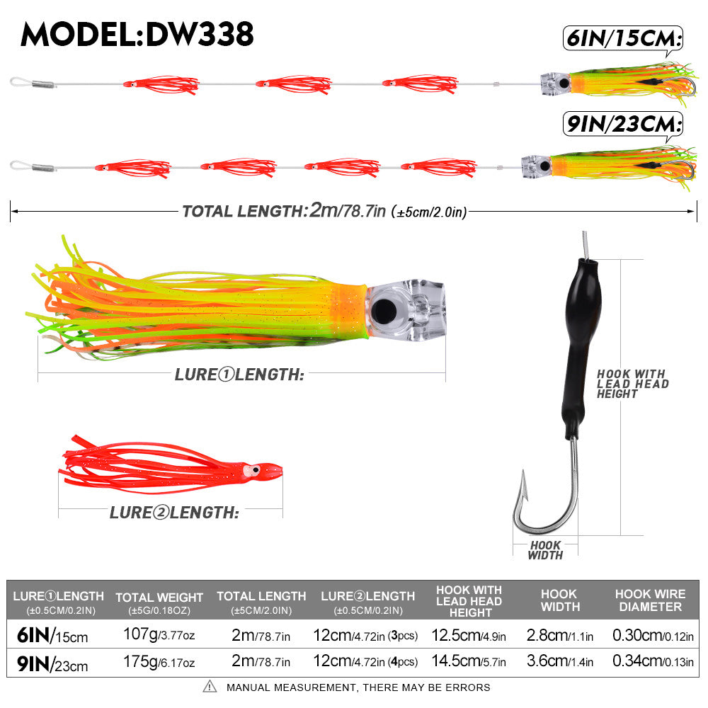 PROBEROS Trolling Lure Acrylic Octopus Skirt Squid Soft Bait 6inch/9inch Sea Fishing Boat Fishing Resin Bionic Soft Lure1 SET per pack