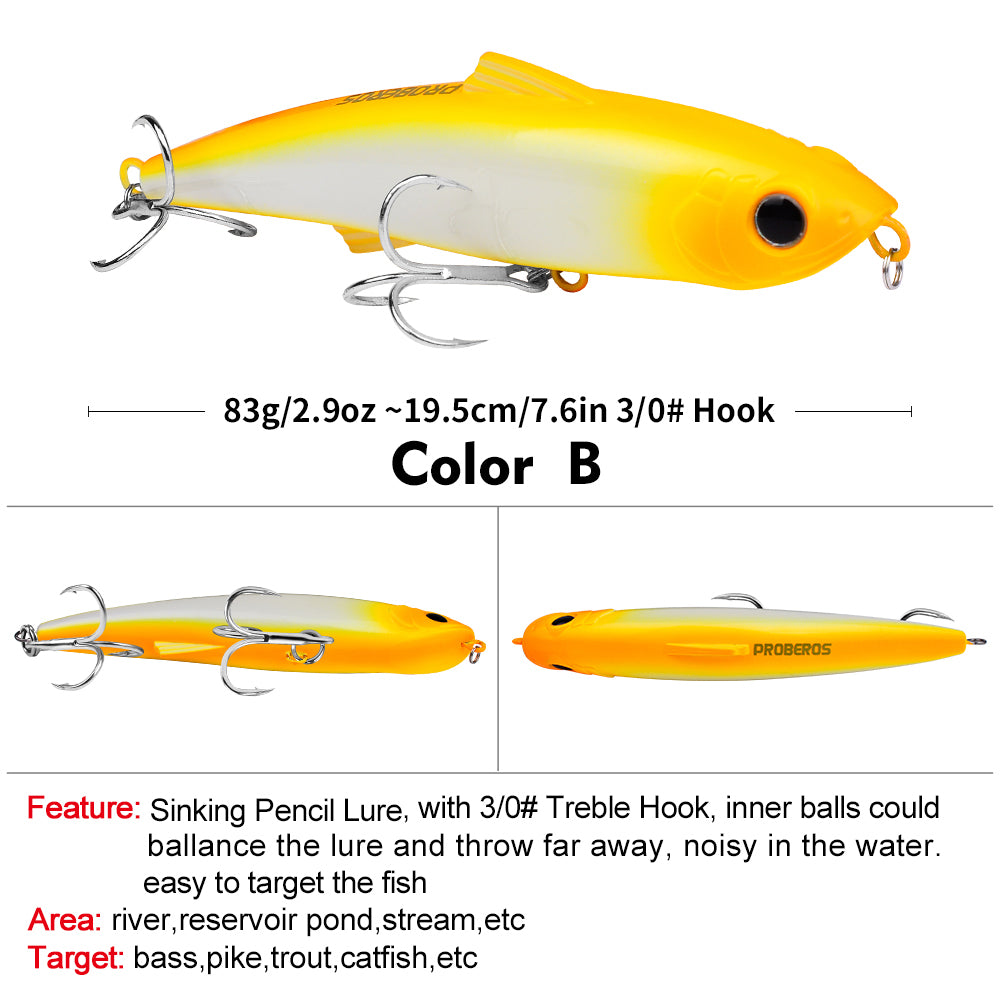 PROBEROS 6pc Big Pencil 19.5cm 83g Sinking Bait Minnow Fishing Lure Laser Hard Artificial Bait 3D Eyes Fishing Wobblers Crankbait Tackle