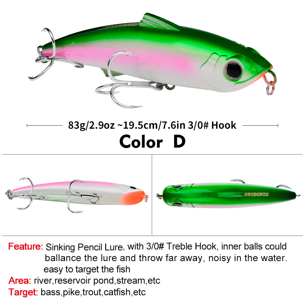PROBEROS 6pc Big Pencil 19.5cm 83g Sinking Bait Minnow Fishing Lure Laser Hard Artificial Bait 3D Eyes Fishing Wobblers Crankbait Tackle