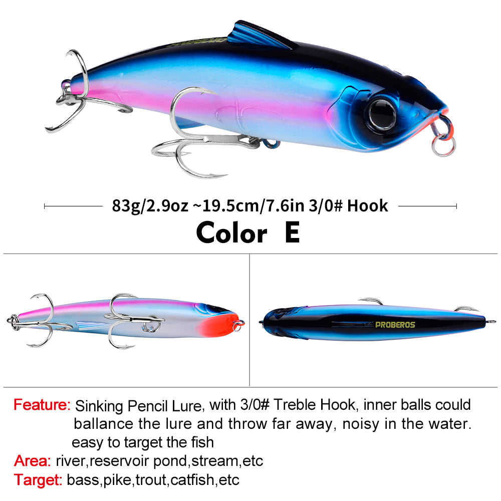 PROBEROS 6pc Big Pencil 19.5cm 83g Sinking Bait Minnow Fishing Lure Laser Hard Artificial Bait 3D Eyes Fishing Wobblers Crankbait Tackle
