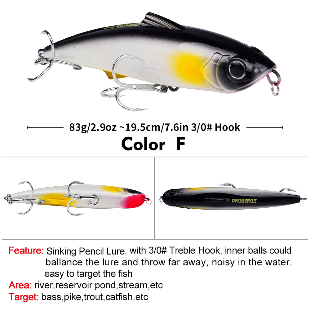 PROBEROS 6pc Big Pencil 19.5cm 83g Sinking Bait Minnow Fishing Lure Laser Hard Artificial Bait 3D Eyes Fishing Wobblers Crankbait Tackle