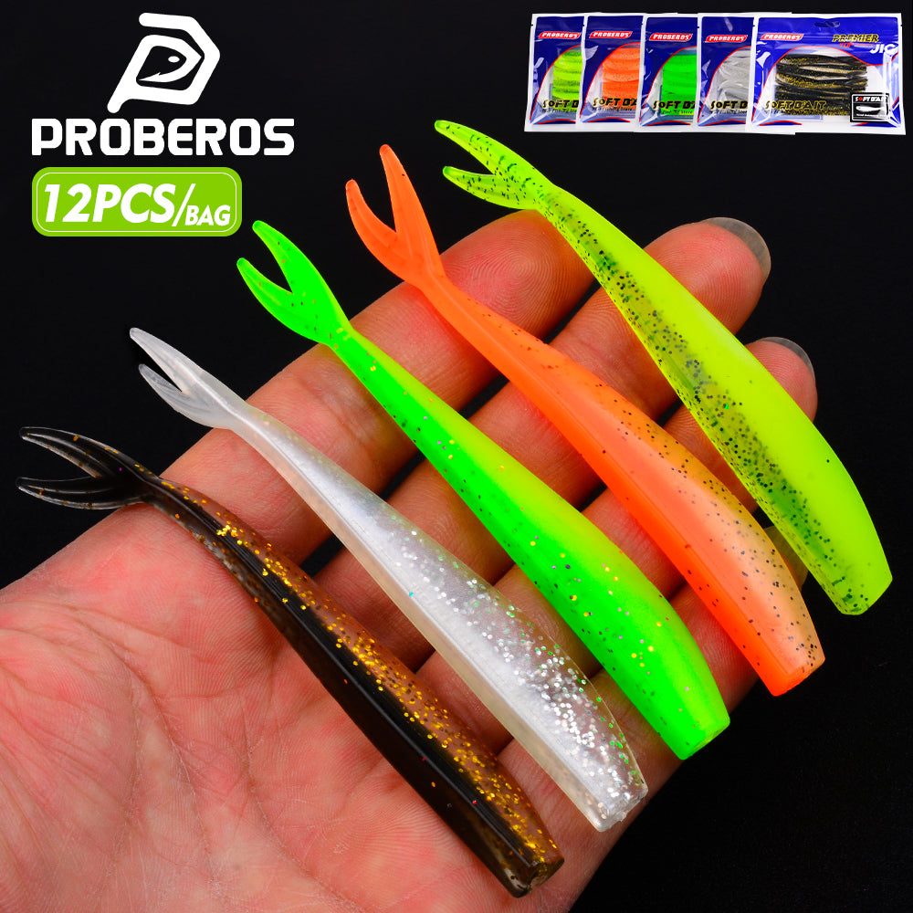 PROBEROS Fish Shaped Forked Tail Worm Soft Bait 12PCS/Bag Artificial S – Proberos