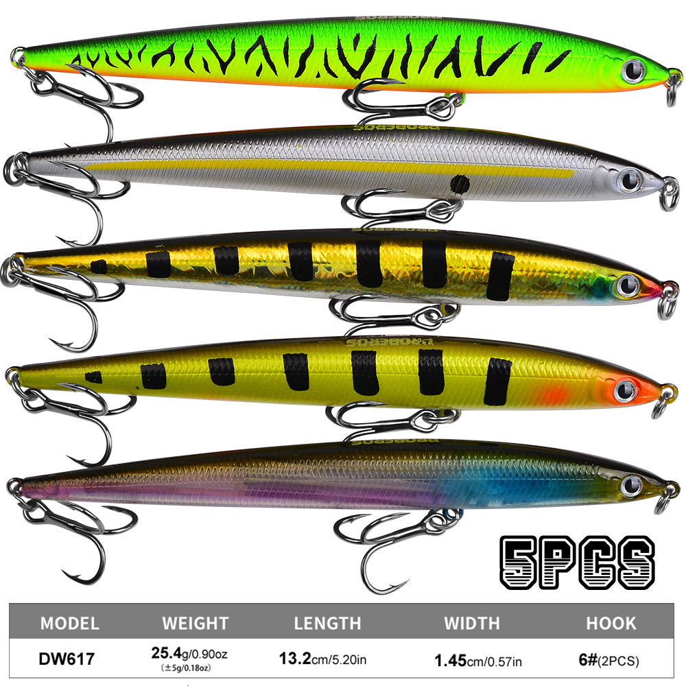 PROBEROS 5pcs Premium Minnow Fishing Lure Set - Realistic Crankbait Lures for Bass Fishing - Durable and Lightweight Tackle 25.4g/13.2cm
