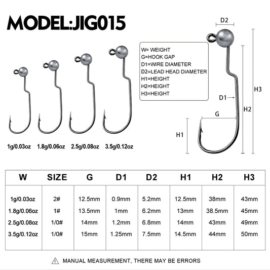 PROBEROS 5Pcs Saltwater Lead Jig Hooks 1g-3.5g High Carbon Steel Fishing Hooks