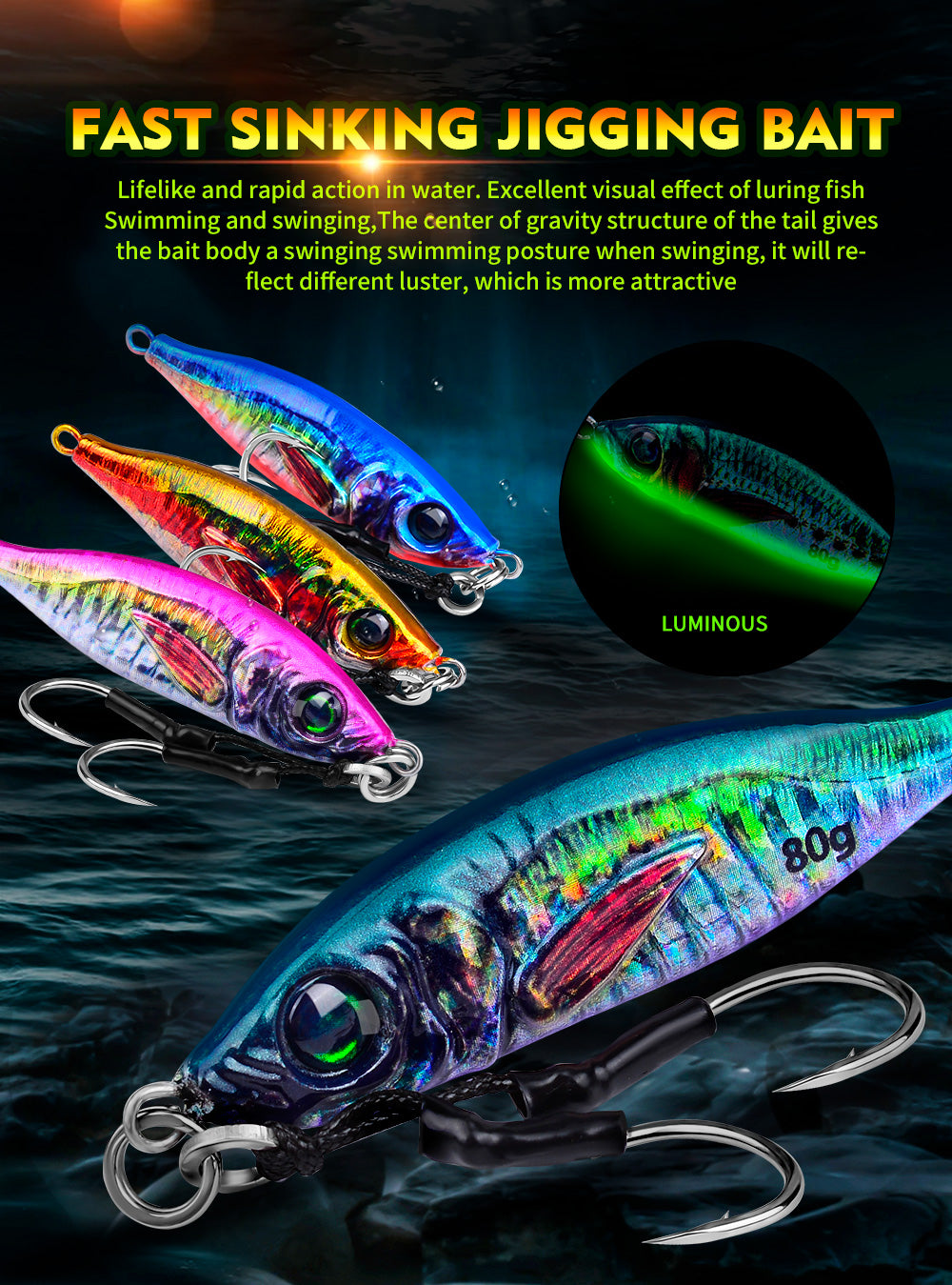PROBEROS 5pcs Luminous Jigging Lure 30-40-60-80g Metal Jigs Fishing Bait Sea Fishing Jig Spoon Trolling Wobbler Hard Isca Pesca