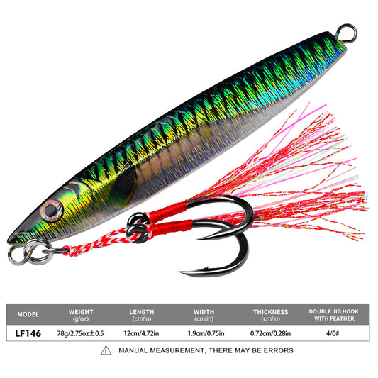 PROBEROS Lead Slow Jigging Lure with Twin Assist Hook & Feather 80G Saltwater Fishing Bait