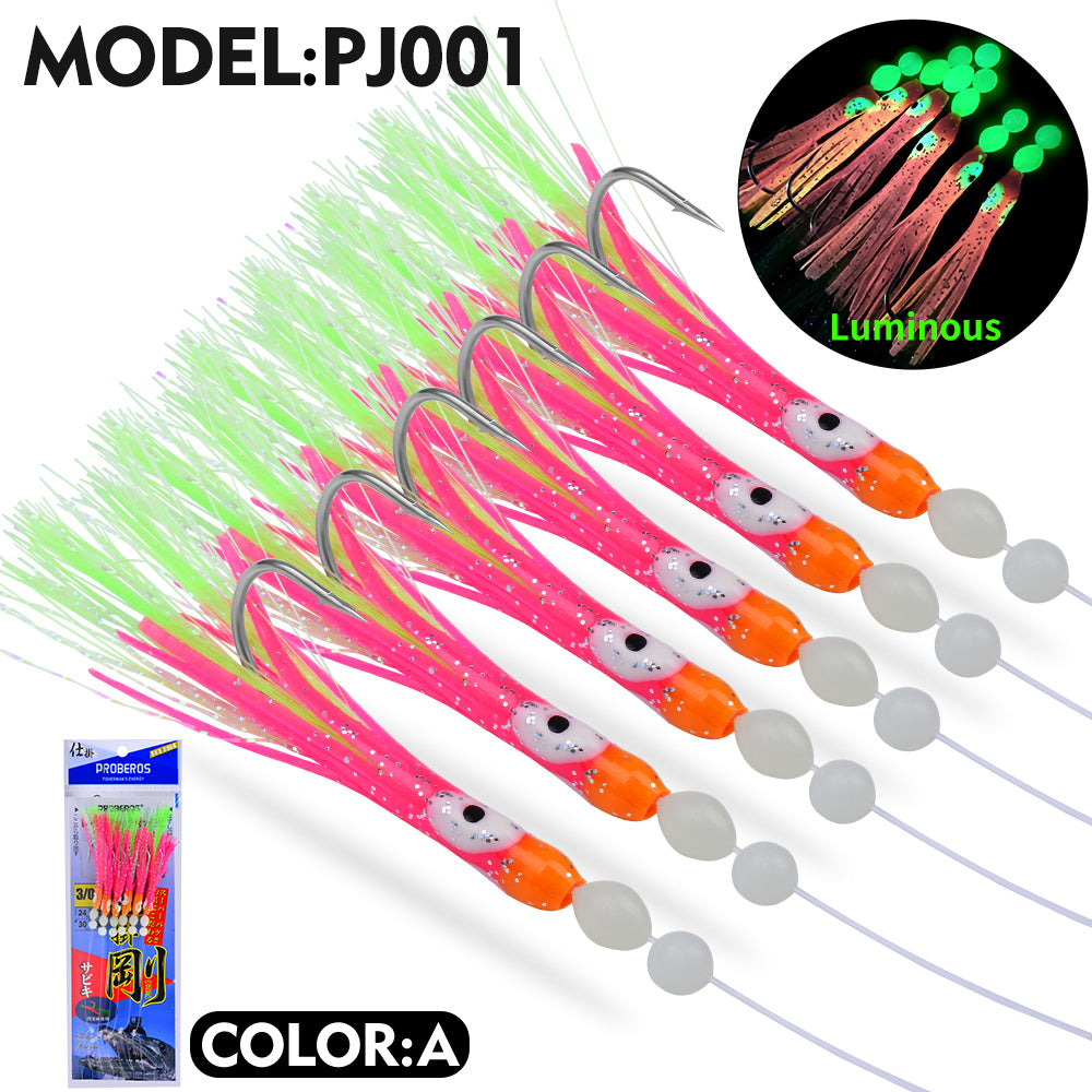 PROBEROS 5pcs Soft silicone fishing lure set,1 bag 6 string hook,Glow Squid Hook,artificial squid bait ,Fishing Gear Accessories