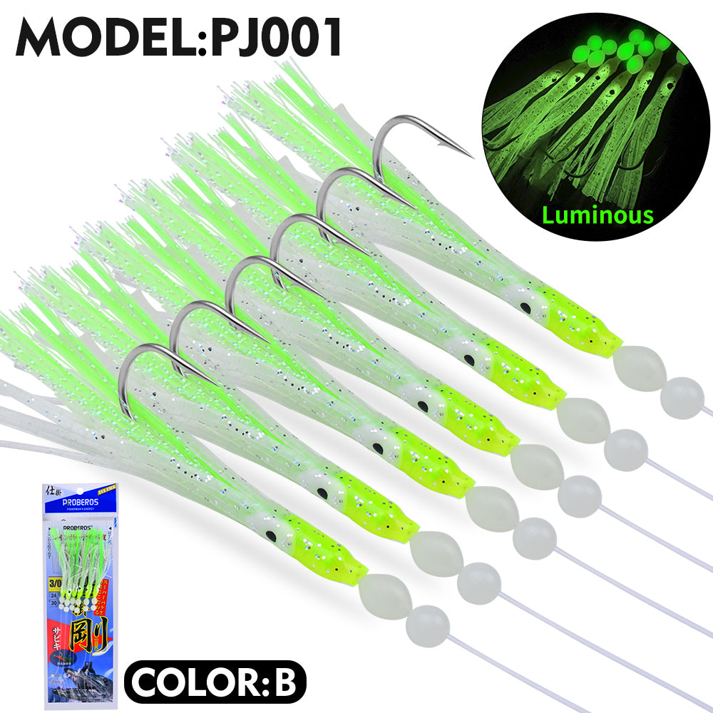 PROBEROS 5pcs Soft silicone fishing lure set,1 bag 6 string hook,Glow Squid Hook,artificial squid bait ,Fishing Gear Accessories