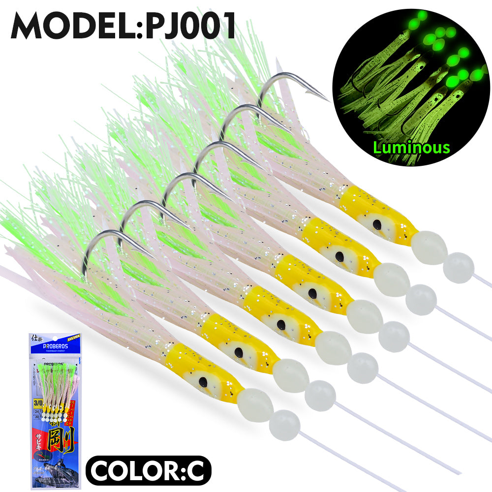PROBEROS 5pcs Soft silicone fishing lure set,1 bag 6 string hook,Glow Squid Hook,artificial squid bait ,Fishing Gear Accessories