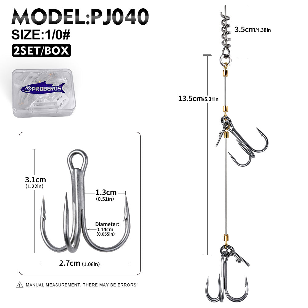 PROBEROS PJ040 Steel Wire Stinger Rig Spring Screw Pin Treble Hook 2Sets