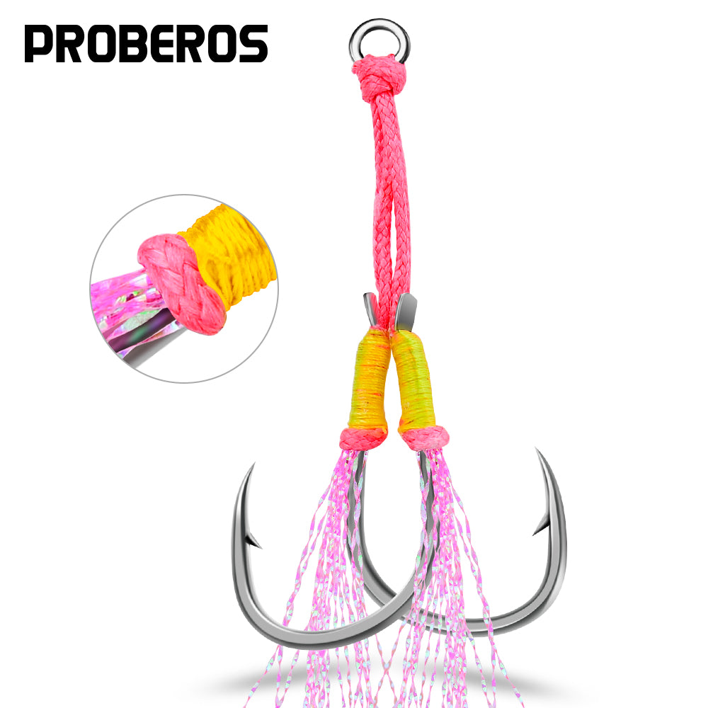 PROBEROS 20pcs New Style Tied With PINK Bright Wire Iron Plate Double Hook Black High Carbon Steel Fish Hook Wholesale