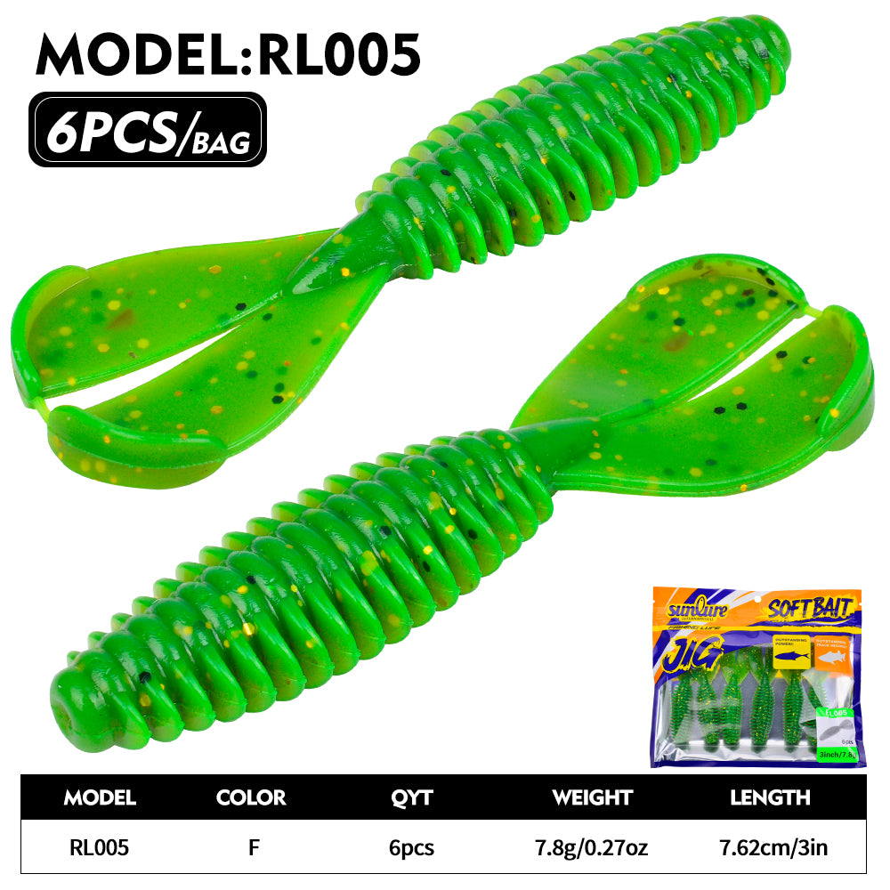Sunlure 3in Double Tailed Soft Bait Lures 6-Pack - 7.8g Threaded Silicone Wobblers