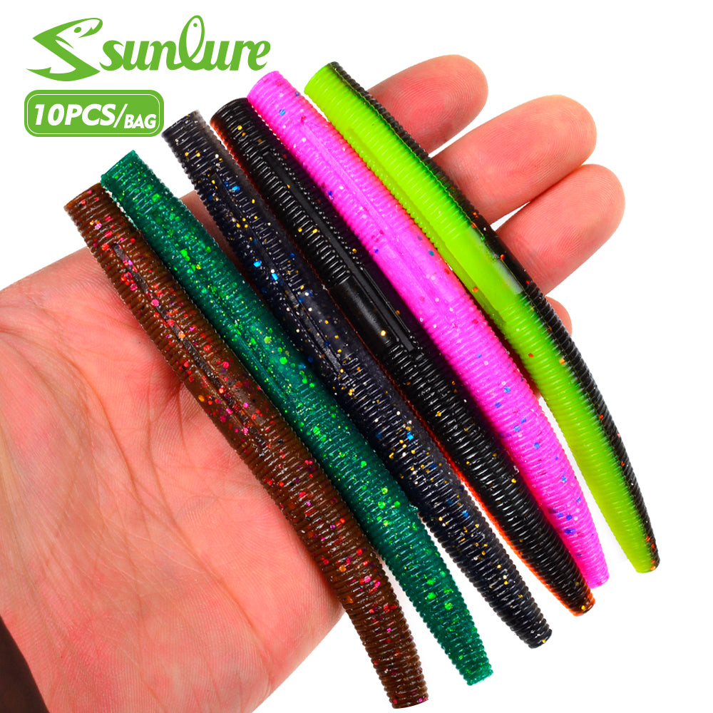 earthworm fishing lures Sunlure 10.1cm/12.7cm Threaded Earthworm Noodle Worm Soft Bait 10PCS Artificial Silicone Wobbler Swimming Bait Multi Color Bass Seawater Fishing Lures