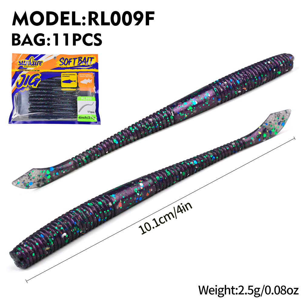 Sunlure 10.1cm&4in Worm Wave Shaped Tail Silicone Soft Bait 11PCS/Bag Realistic Artificial Swimming Bait 6-color Bass Barracuda Seawater Fishing Lures