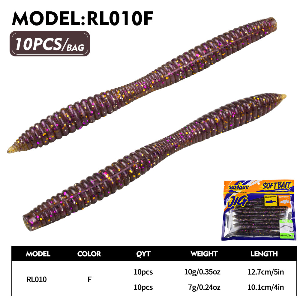 Sunlure 10PCS/Bag Realistic Worm Silicone Artificial Bionic Soft Bait 6 Color Ribbed Swinging Swimming Bait Trout Grouper Fishing Lures