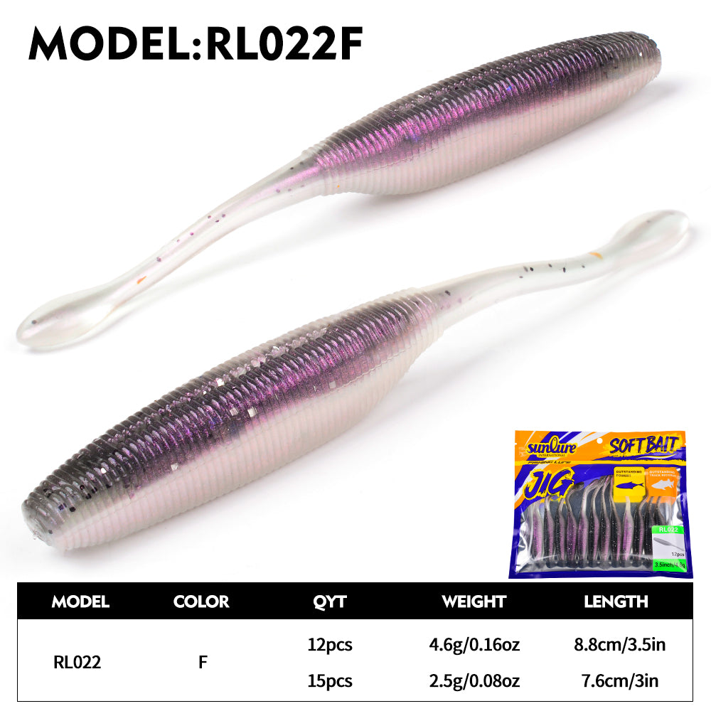 Sunlure Needle Tail Worm Soft Bait Lures 12/15-Pack - 3in/3.5in Silicone Wobblers