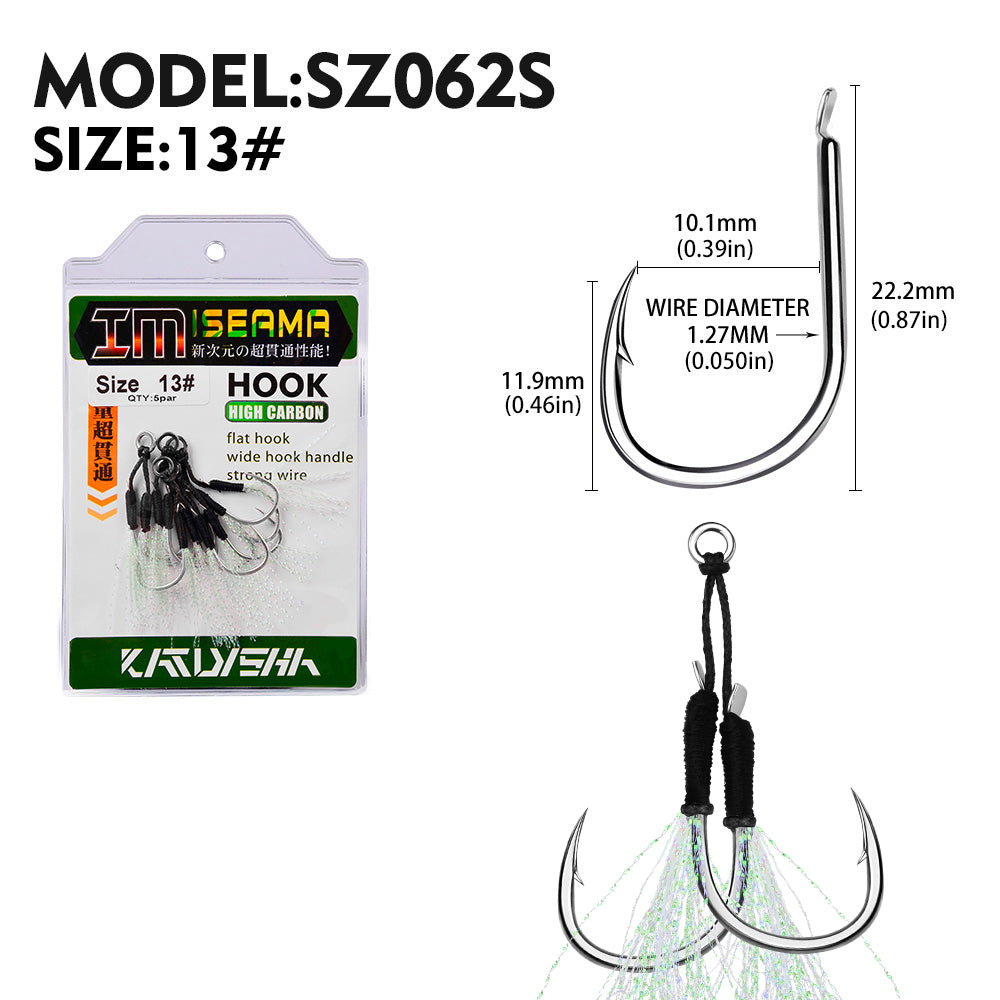 PROBEROS 2Pcs 5pc/set Metal Jig Tail Assist Hooks 11-19# With PE Line Feather Solid Ring Jigging Fishhook for 5-80g Lure Fishing Hooks