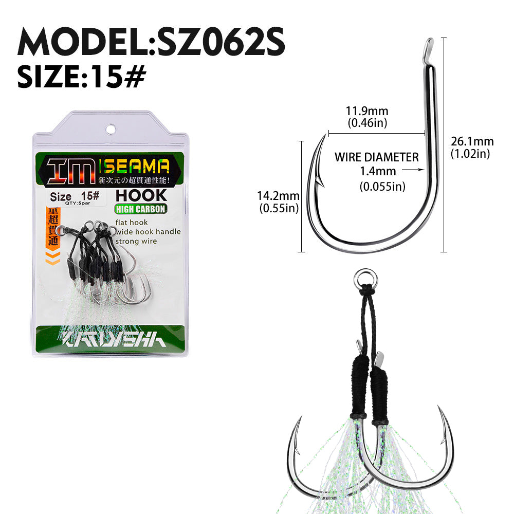 PROBEROS 2Pcs 5pc/set Metal Jig Tail Assist Hooks 11-19# With PE Line Feather Solid Ring Jigging Fishhook for 5-80g Lure Fishing Hooks