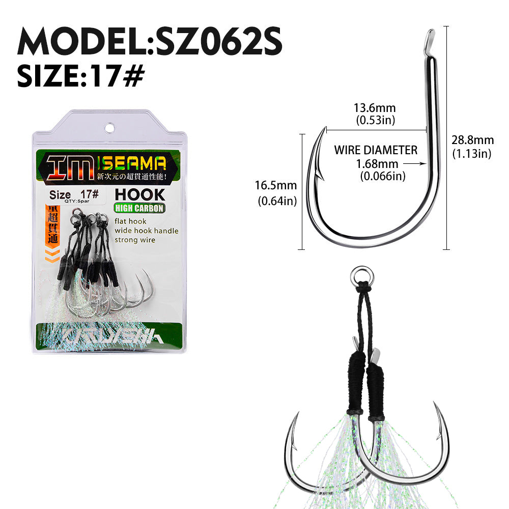 PROBEROS 2Pcs 5pc/set Metal Jig Tail Assist Hooks 11-19# With PE Line Feather Solid Ring Jigging Fishhook for 5-80g Lure Fishing Hooks