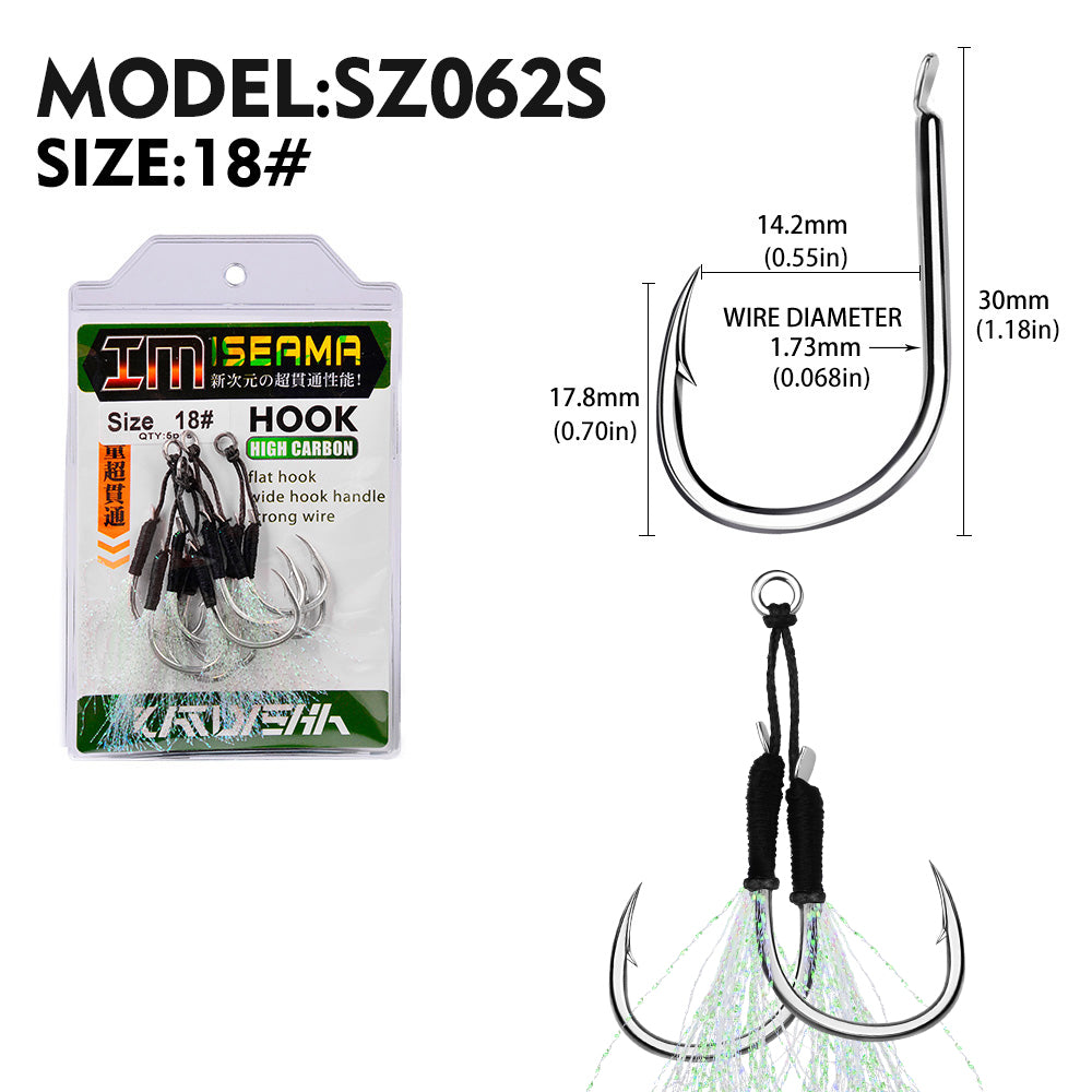 PROBEROS 2Pcs 5pc/set Metal Jig Tail Assist Hooks 11-19# With PE Line Feather Solid Ring Jigging Fishhook for 5-80g Lure Fishing Hooks