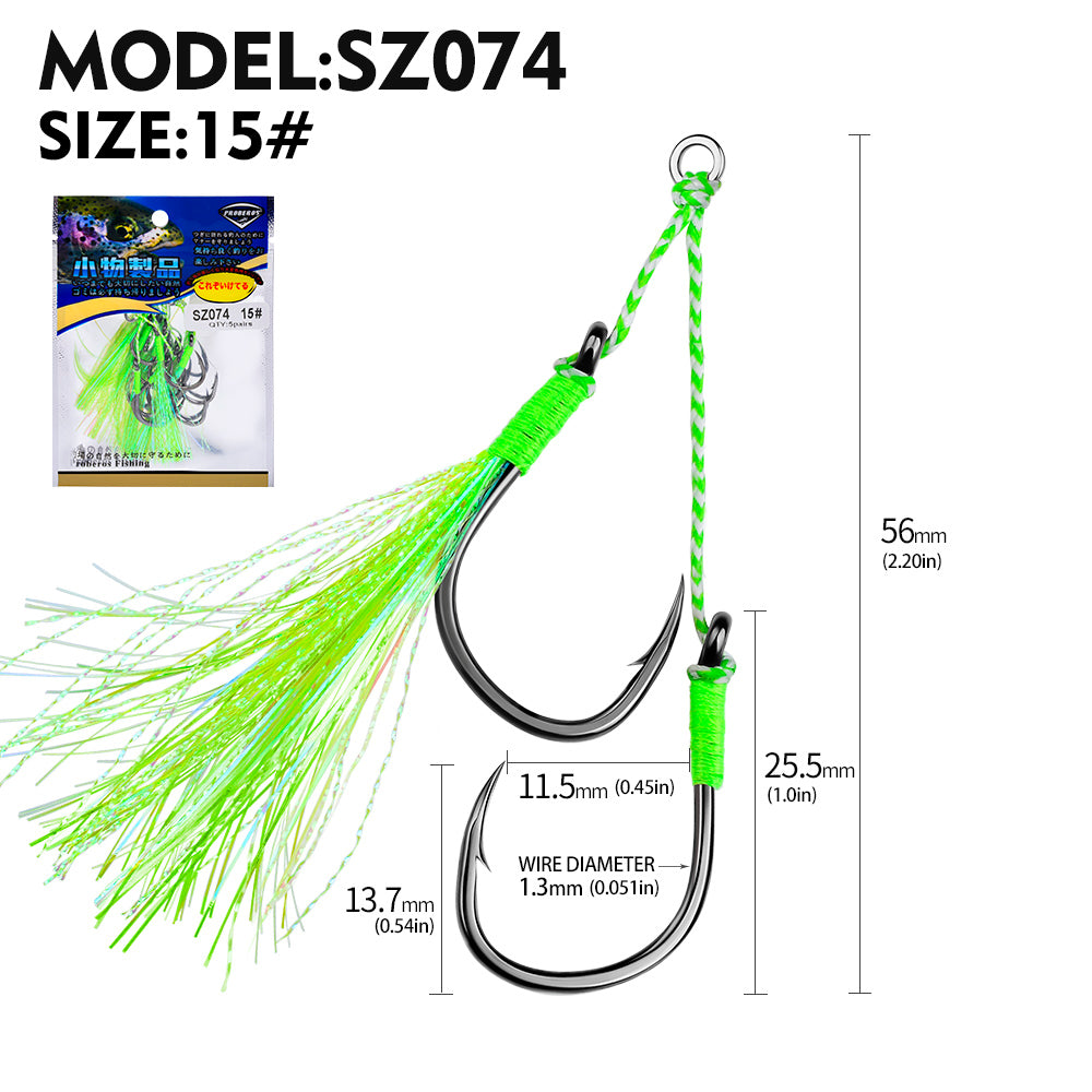 PROBEROS 2set 5pcs/set Double Fishing Assist Hooks Kit,With tassels Slow Fall Jigging Lures,Perfect for Vertical Jigging,Outdoor fishing