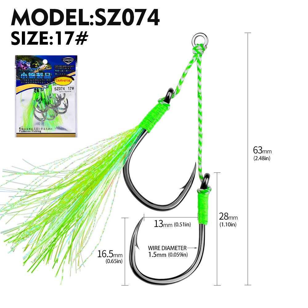 PROBEROS 2set 5pcs/set Double Fishing Assist Hooks Kit,With tassels Slow Fall Jigging Lures,Perfect for Vertical Jigging,Outdoor fishing