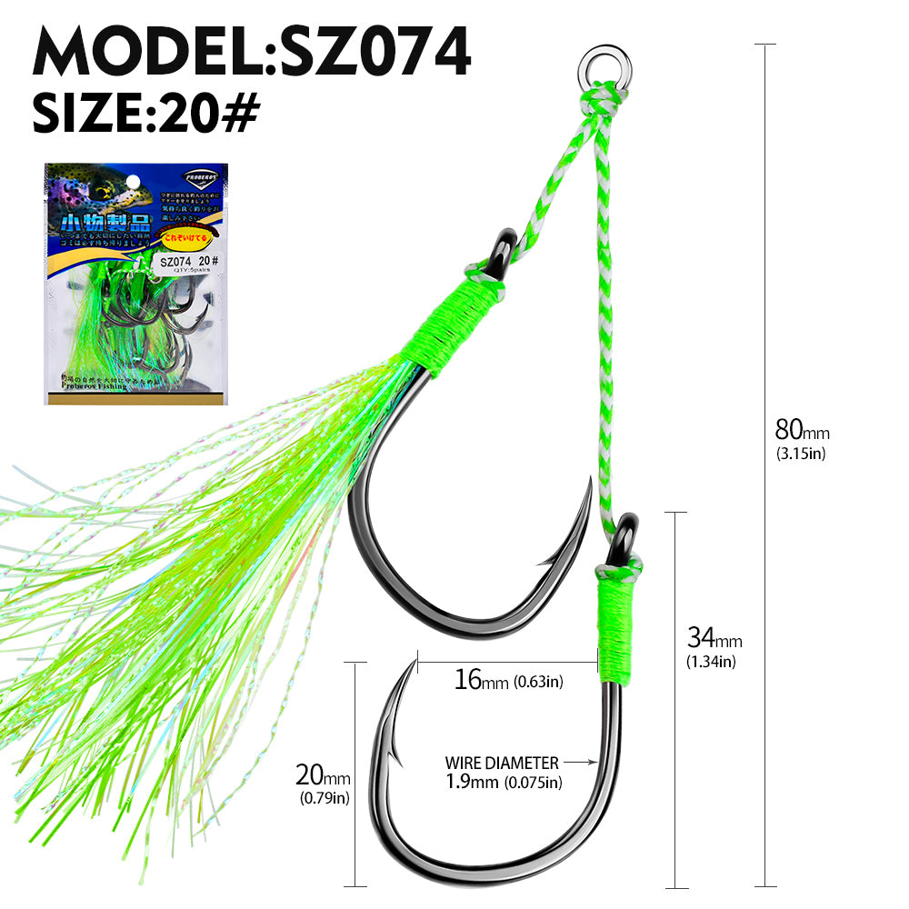 PROBEROS 2set 5pcs/set Double Fishing Assist Hooks Kit,With tassels Slow Fall Jigging Lures,Perfect for Vertical Jigging,Outdoor fishing