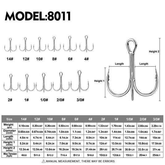 PROBEROS 8011 treble hooks size chart from size 14 to 3/0 with dimensions and hook gap specs