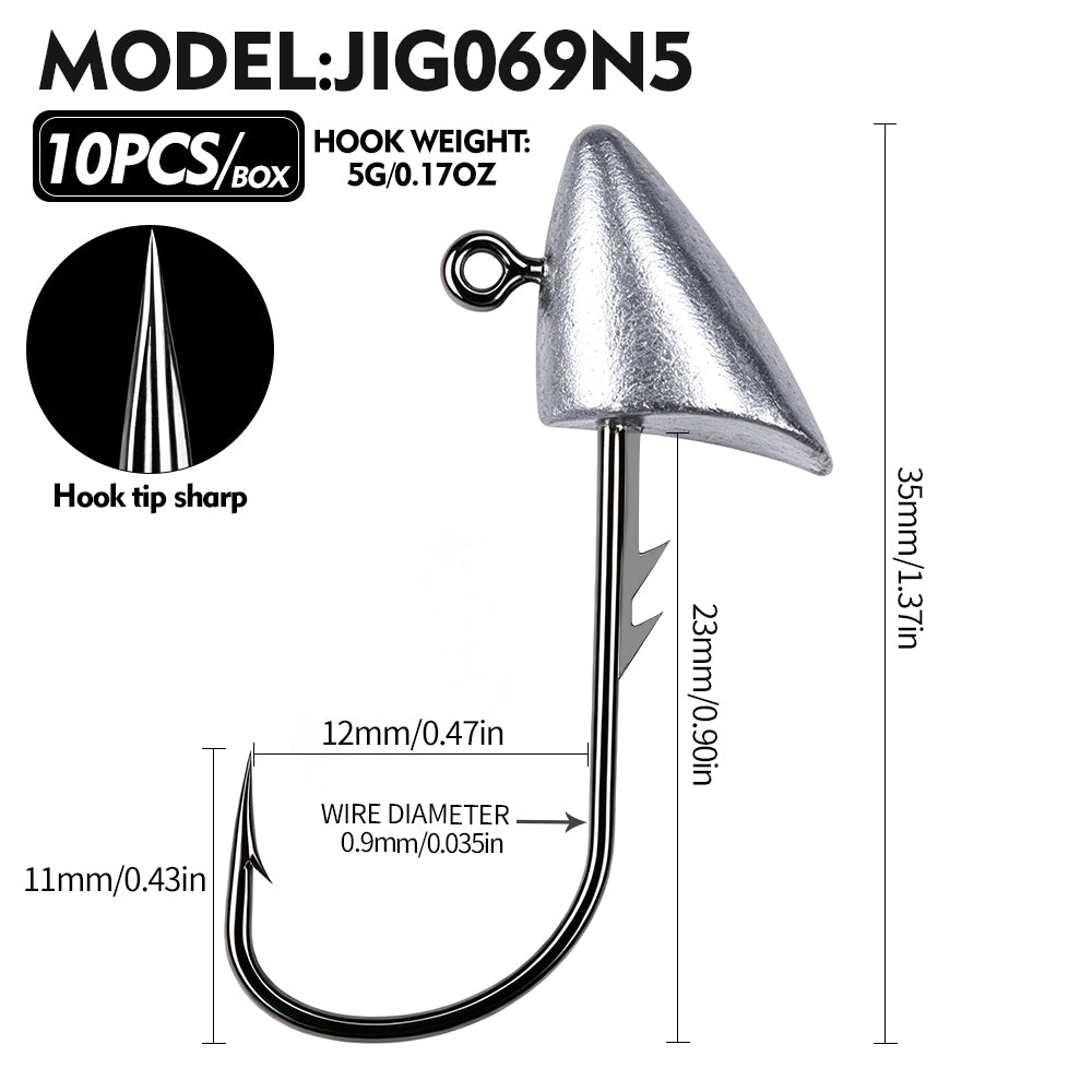 PROBEROS bullet jig head hook with high carbon steel barbed hook and pure lead head 10pcs set