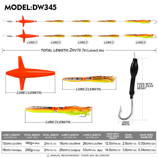 PROBEROS DW345 Trolling Lure Size and Weight Comparison Chart 13CM 18CM