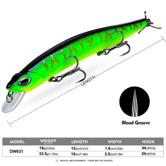Proberos DW631 minnow lure size chart 18g 15cm and 32.5g 19cm