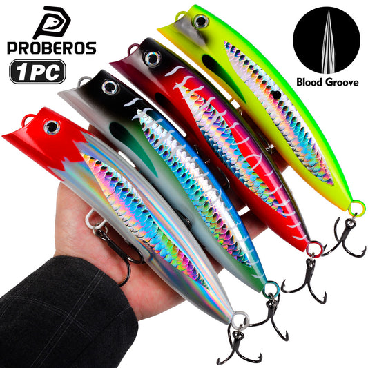 PROBEROS DW657 100g 19cm topwater popper lure with concave open mouth and sharp blood groove treble hooks