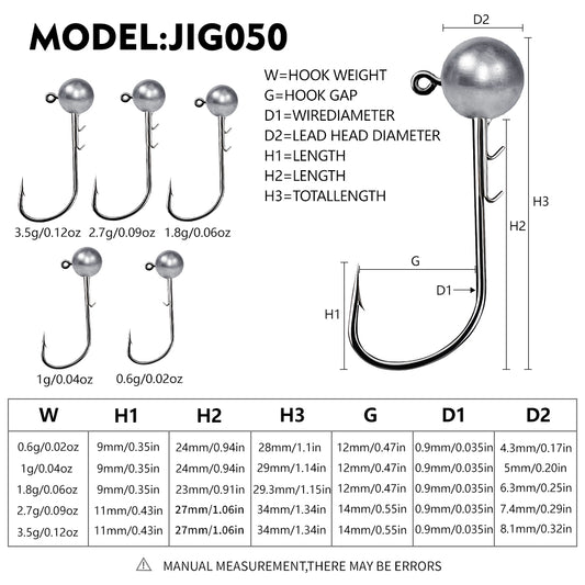 Size chart for PROBEROS JIG050 lead jig head hooks ranging from 0.6g to 3.5g