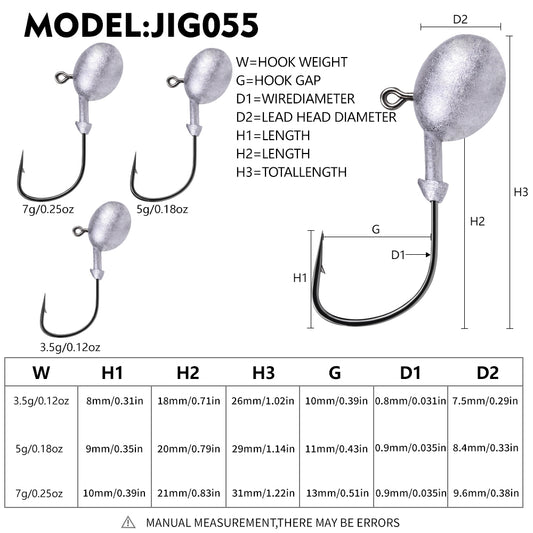 Proberos JIG055 lead jig head hooks size and weight chart (1.5g to 7g)