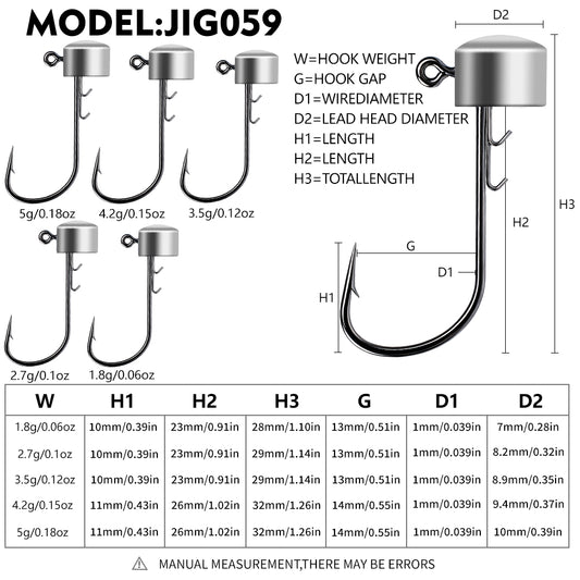 PROBEROS JIG059 cylinder jig head hook size chart showing 1.8g to 5g dimensions