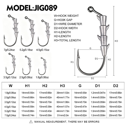 Size and weight specification chart for PROBEROS JIG089 lead jig hooks 1.8g to 7g
