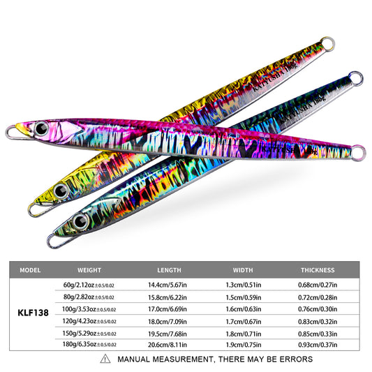 PROBEROS KLF138 slow jigging lure size and weight specification chart 60g to 180g