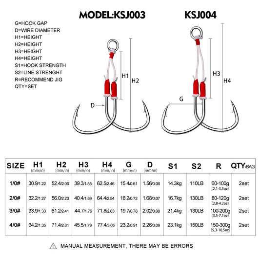 PROBEROS Jigging Assist Hook Size Chart 1/0# 2/0# 3/0# 4/0#