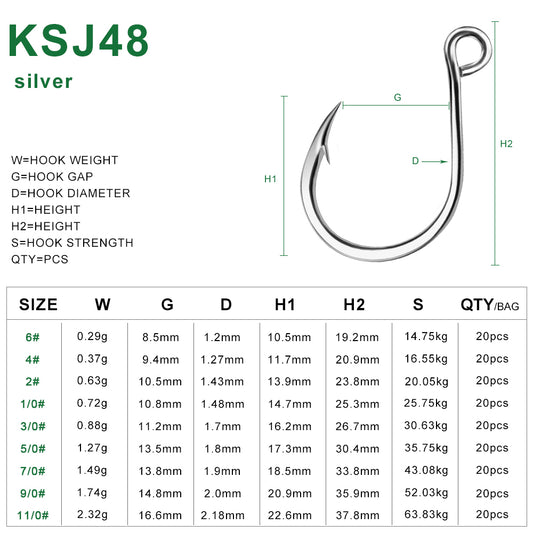PROBEROS KSJ48 fishing hook size chart showing sizes from 6# to 11/0#
