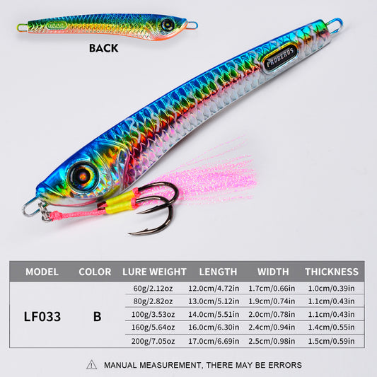 PROBEROS LF033 slow jigging lure size and weight chart 60g to 200g