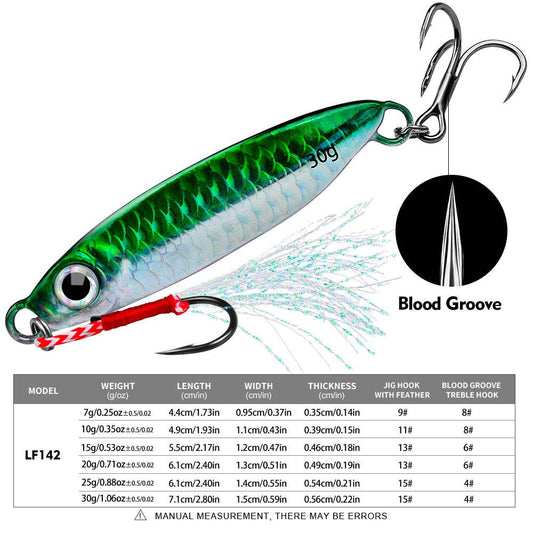 Size and weight comparison chart for PROBEROS LF142 micro jigs 7g to 30g