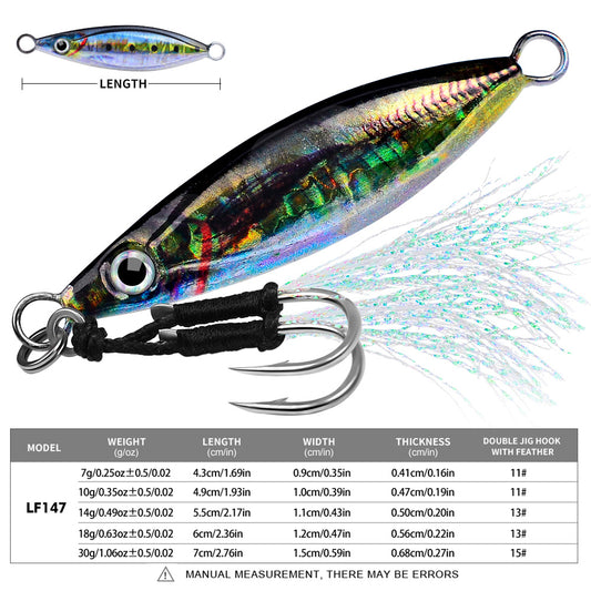 PROBEROS LF147 micro jigging lure size and weight specification chart 7g to 30g