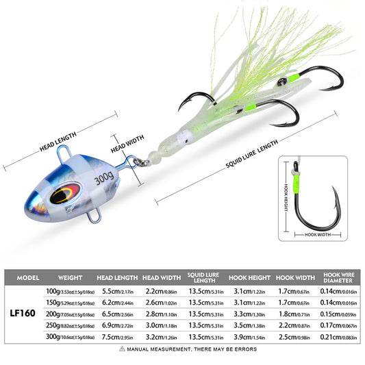 PROBEROS LF160 kabura jig lure size and weight specification chart 100g to 300g